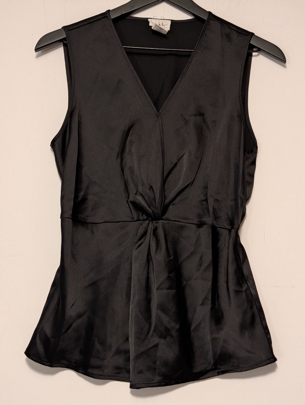 Nicole Miller New York Black Satin Peplum Top Twist Front Sleeveless Small Party